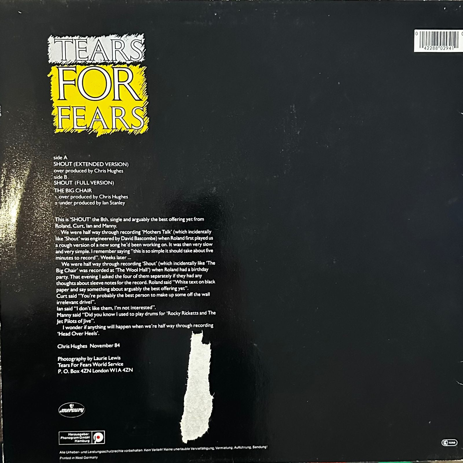 Tears For Fears – Shout (Extended Version) (EX, FUNDA VG, VER IMAGEN PARTE TRASERA) BOX16