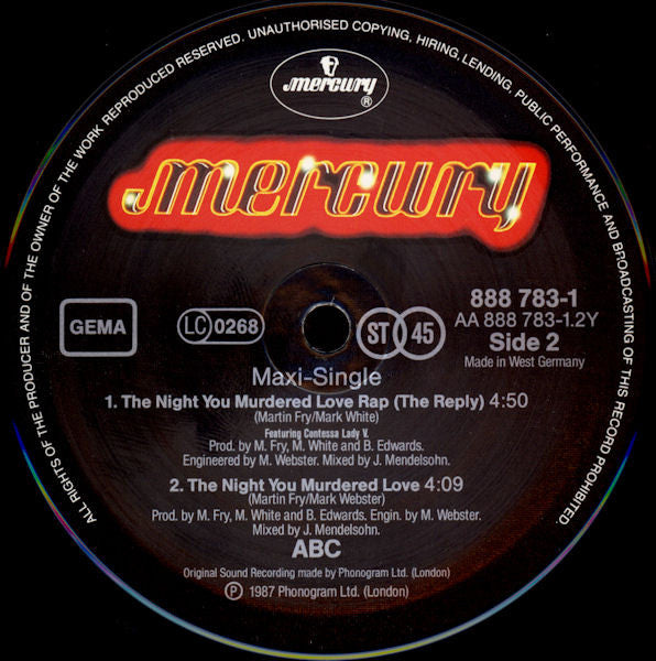 ABC Featuring Contessa Lady V – The Night You Murdered Love (NM, FUNDA VG+) BOX24