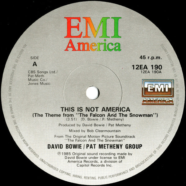 David Bowie / Pat Metheny Group – This Is Not America (Theme From The Original Motion Picture, The Falcon And The Snowman) (NM, FUNDA EX) BOX23