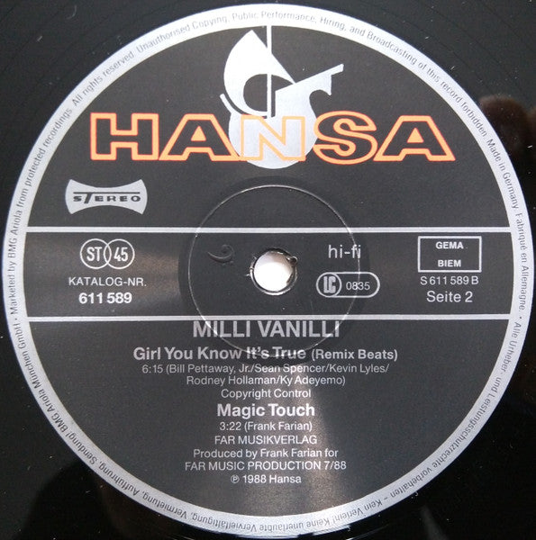 Milli Vanilli – Girl You Know It's True (N.Y.C. Subway Mix) (VG+) BOX35