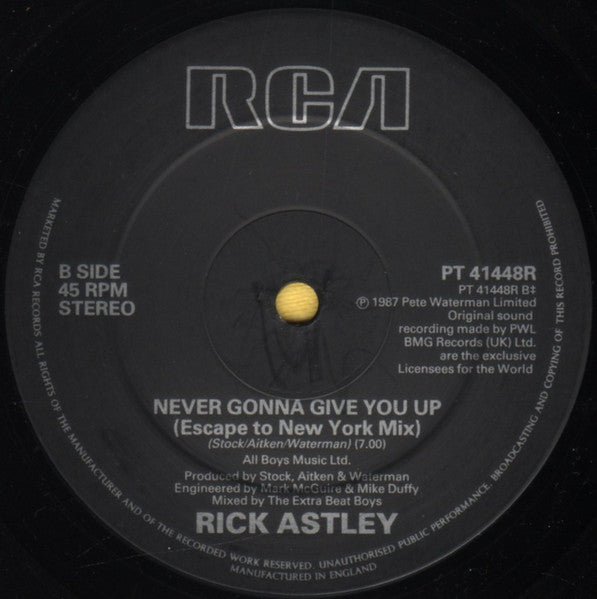 Rick Astley – Never Gonna Give You Up (Escape From Newton Mix & Escape To New York Mix) (NM, FUNDA VG+)