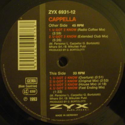 Cappella – U Got 2 Know (VG+, Funda Generic) Box 17