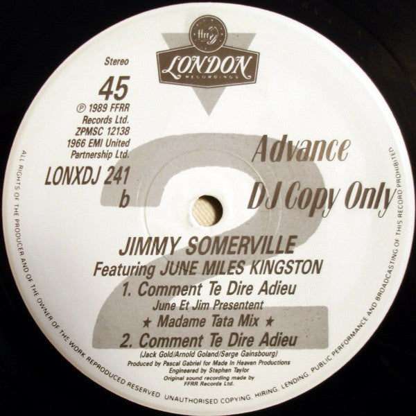 Jimmy Somerville Featuring June Miles Kingston – Comment Te Dire Adieu (NM, Funda Generic) Box13