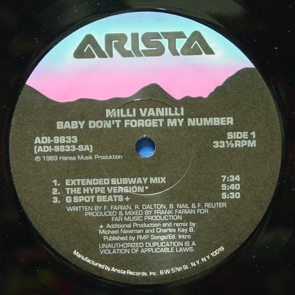 Milli Vanilli ‎– Baby Don't Forget My Number (VG+, Funda Generic) Box10